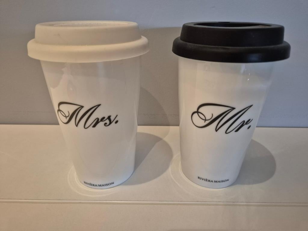 Riviera Maison Mr. & Mrs. koffiebekers met deksel, Ophalen, Overige typen, Nieuw, Steen/keramiek