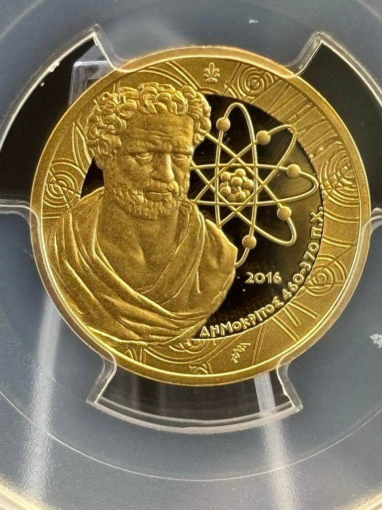 Gouden €200 Demokritos Griekenland PCGS PR70DCAM, Griekenland, Losse munt, Goud, Overige waardes