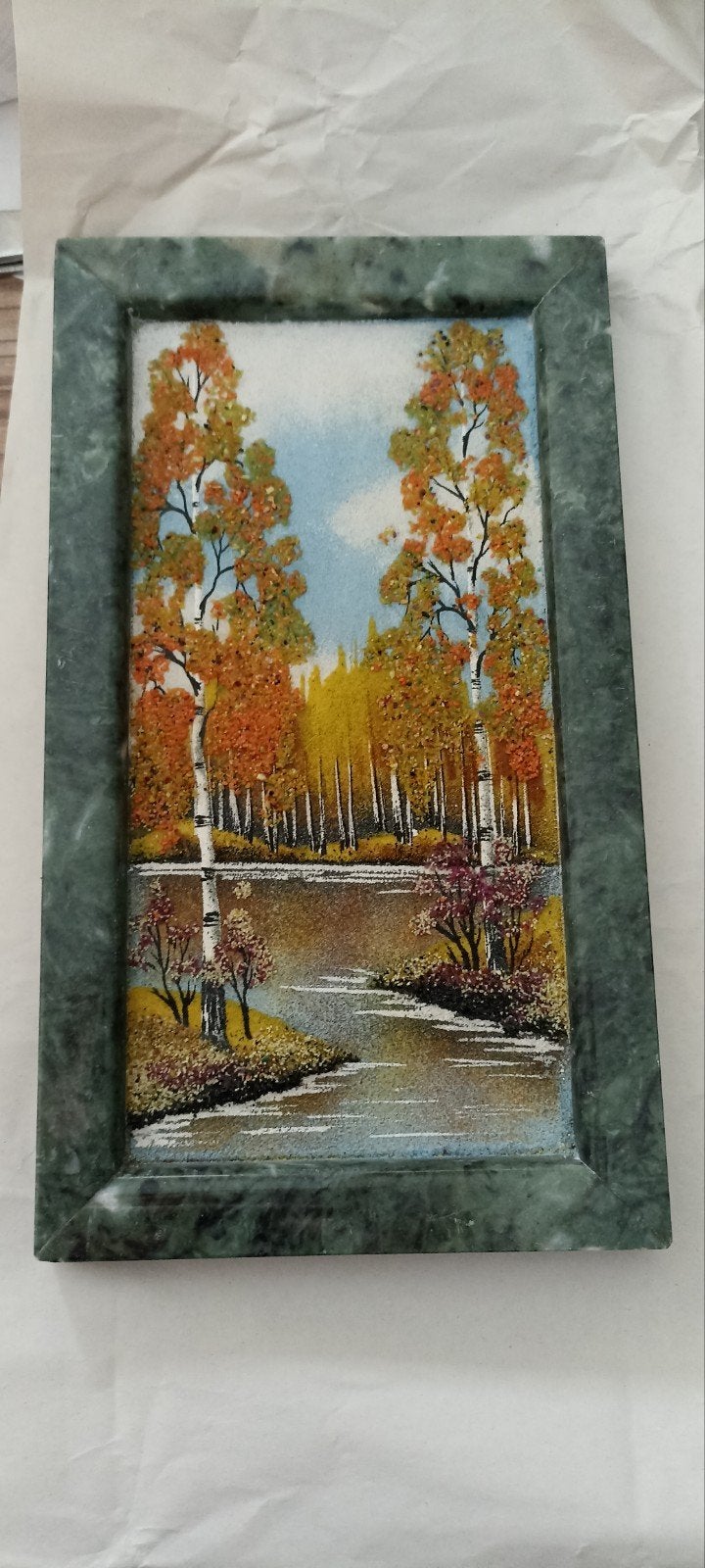 Uniek stenen schilderij: Herfstlandschap met berkenbomen, Antiek en Kunst, Kunst | Schilderijen | Klassiek, Realistisch, Overige ondergronden