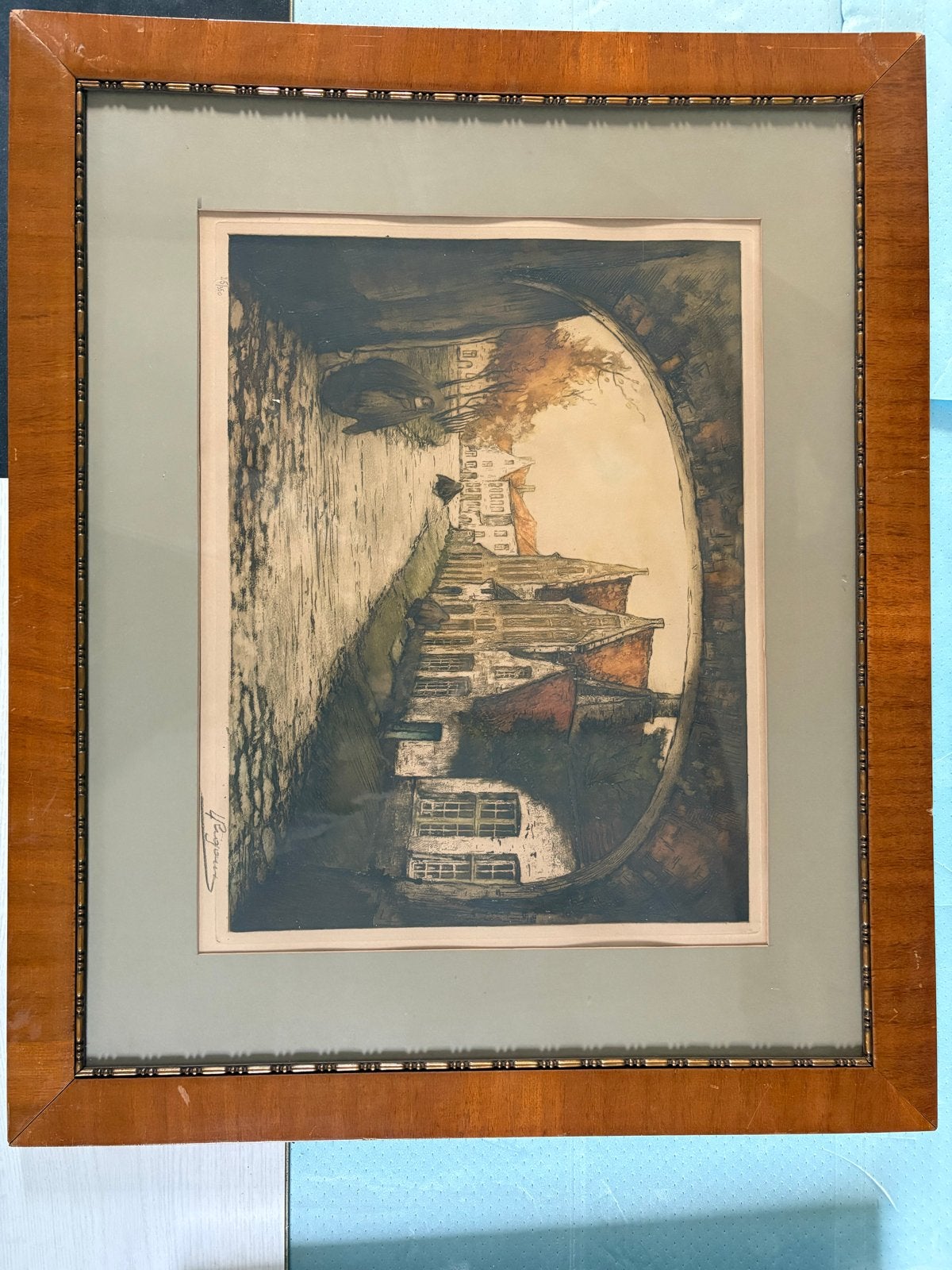 Oude ets van een stadsgezicht met water en brug, Ets, Stadsgezicht, Ophalen of Verzenden, Gesigneerd