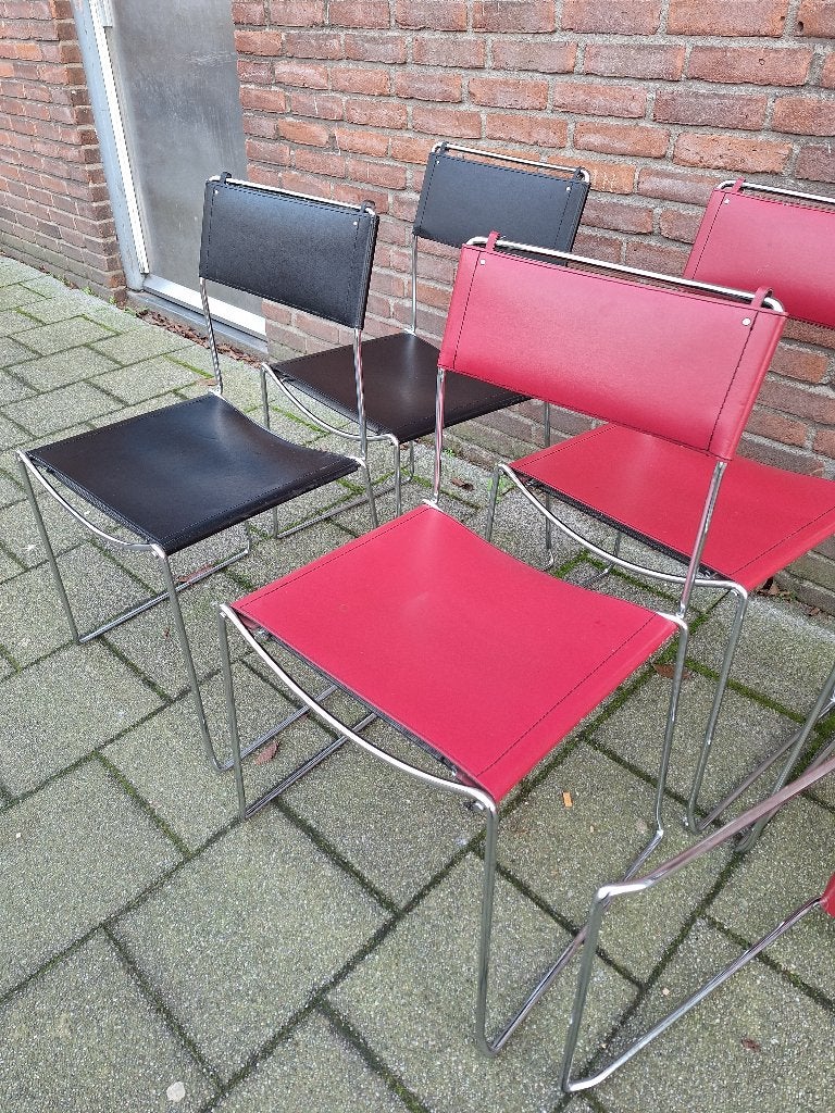 Italiaanse chromen en lederen stoelen, Leer, Ophalen of Verzenden, Zo goed als nieuw, Vijf, Zes of meer stoelen