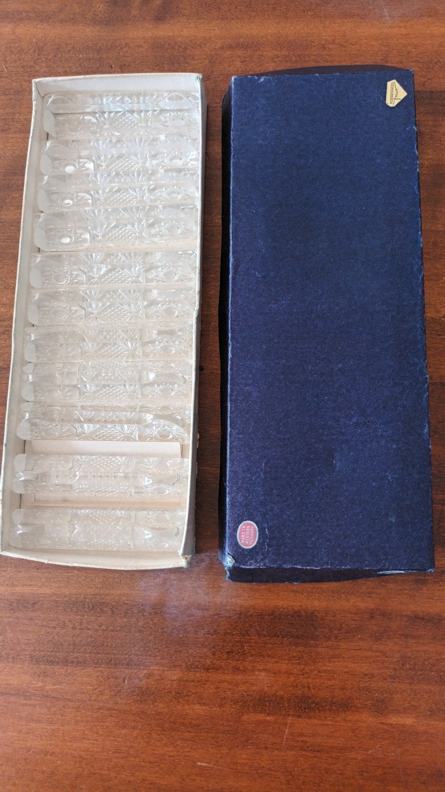Set van 11 vintage glazen messenleggers in doos, Antiek en Kunst, Ophalen of Verzenden