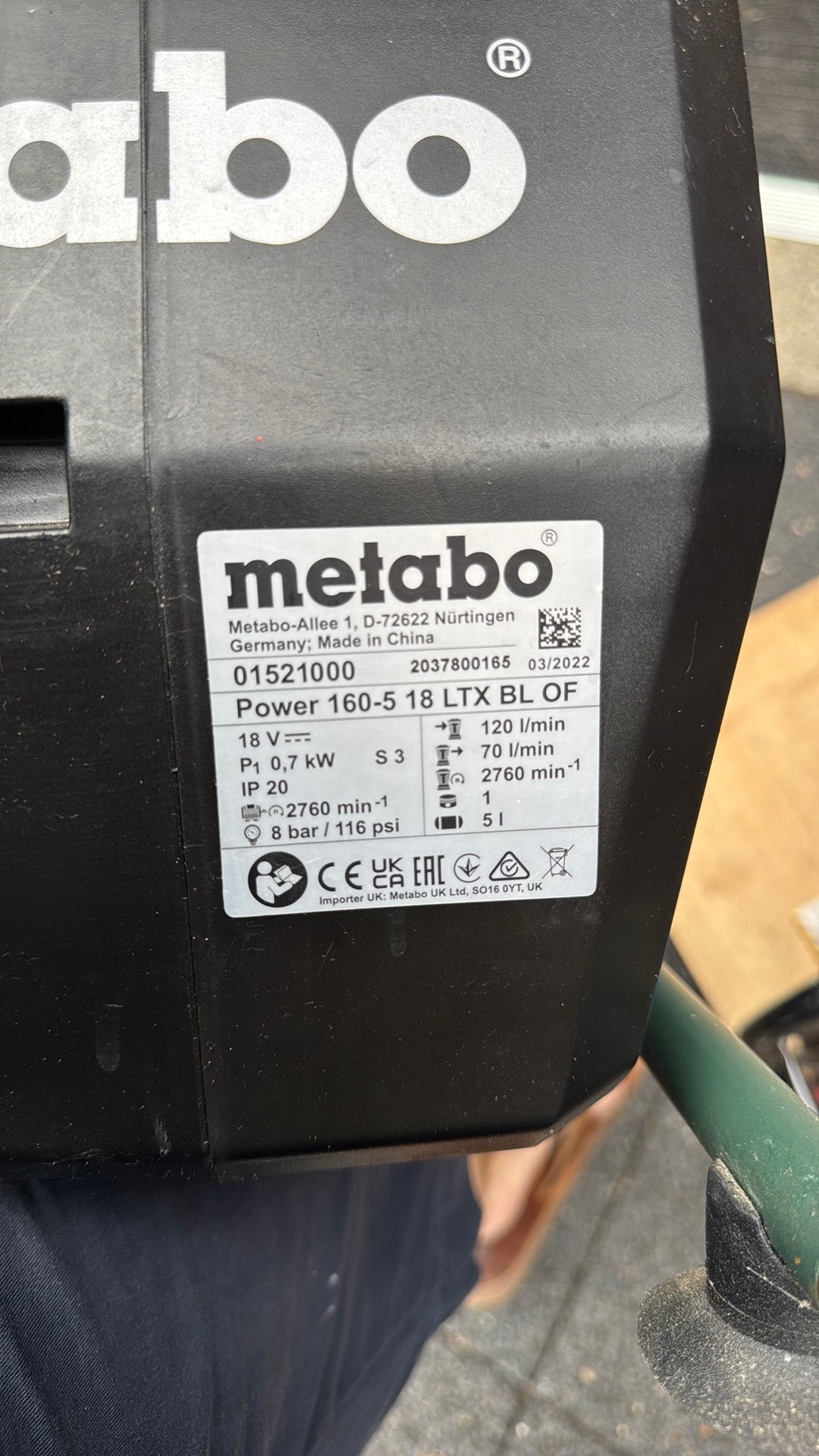 Metabo power 160-5 18 LTX BL OF, Minder dan 25 liter, Ophalen, Zo goed als nieuw, Minder dan 200 liter/min