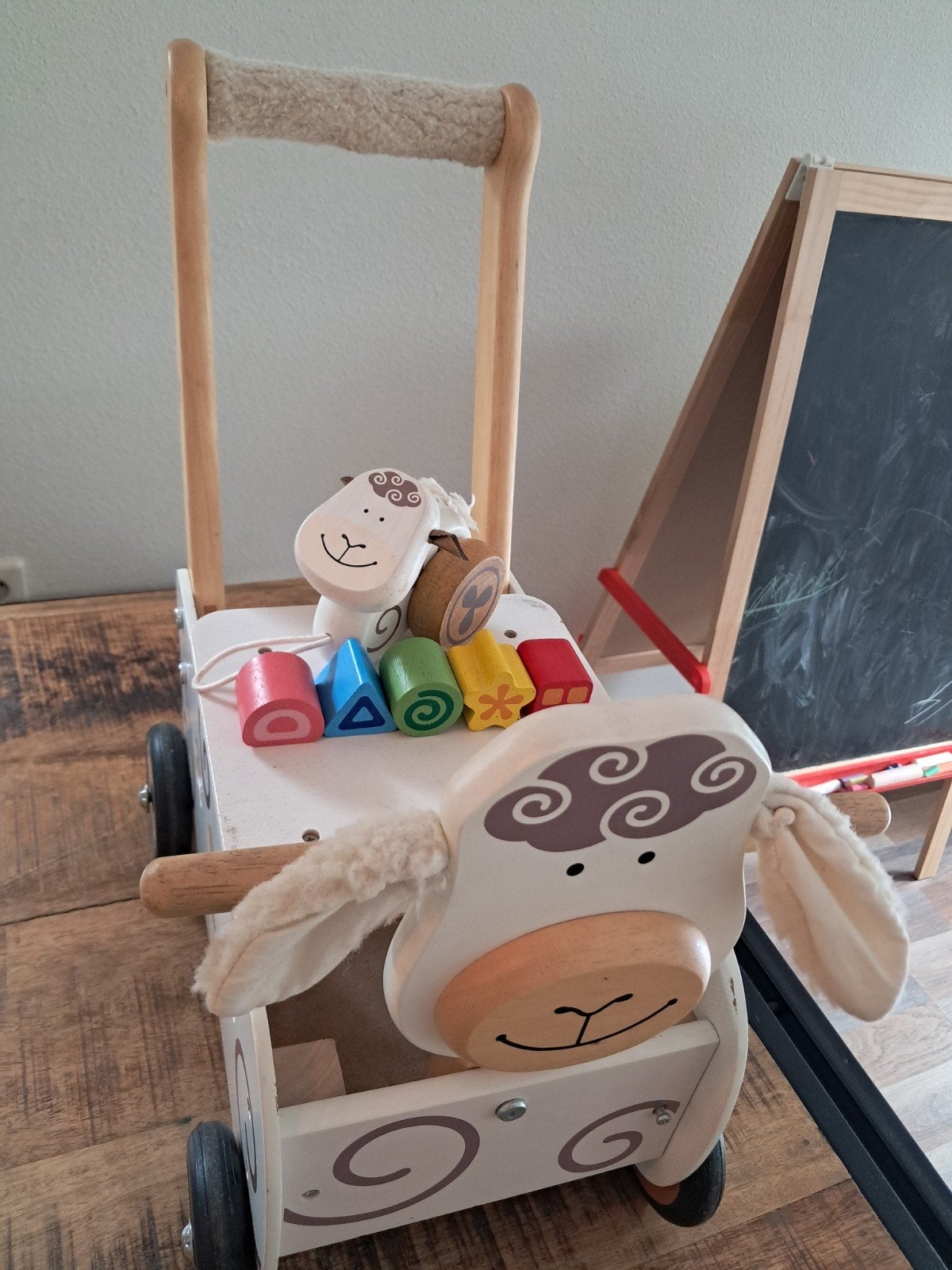 houten loopkar schaapje met lammetje + 5 puzzelblokjes, Ophalen, Gebruikt, Duw- of Trekspeelgoed