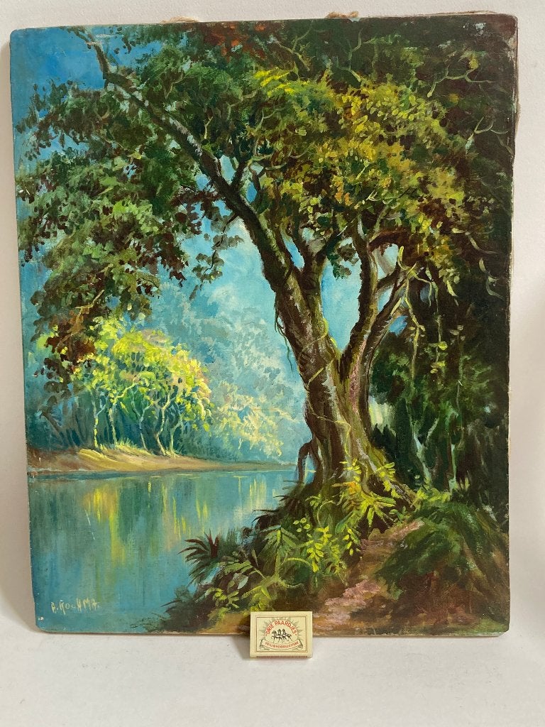 2665 - olieverfschilderij – tropisch Indonesisch landschap, Origineel werk, Ophalen of Verzenden, Landschap, Olieverf