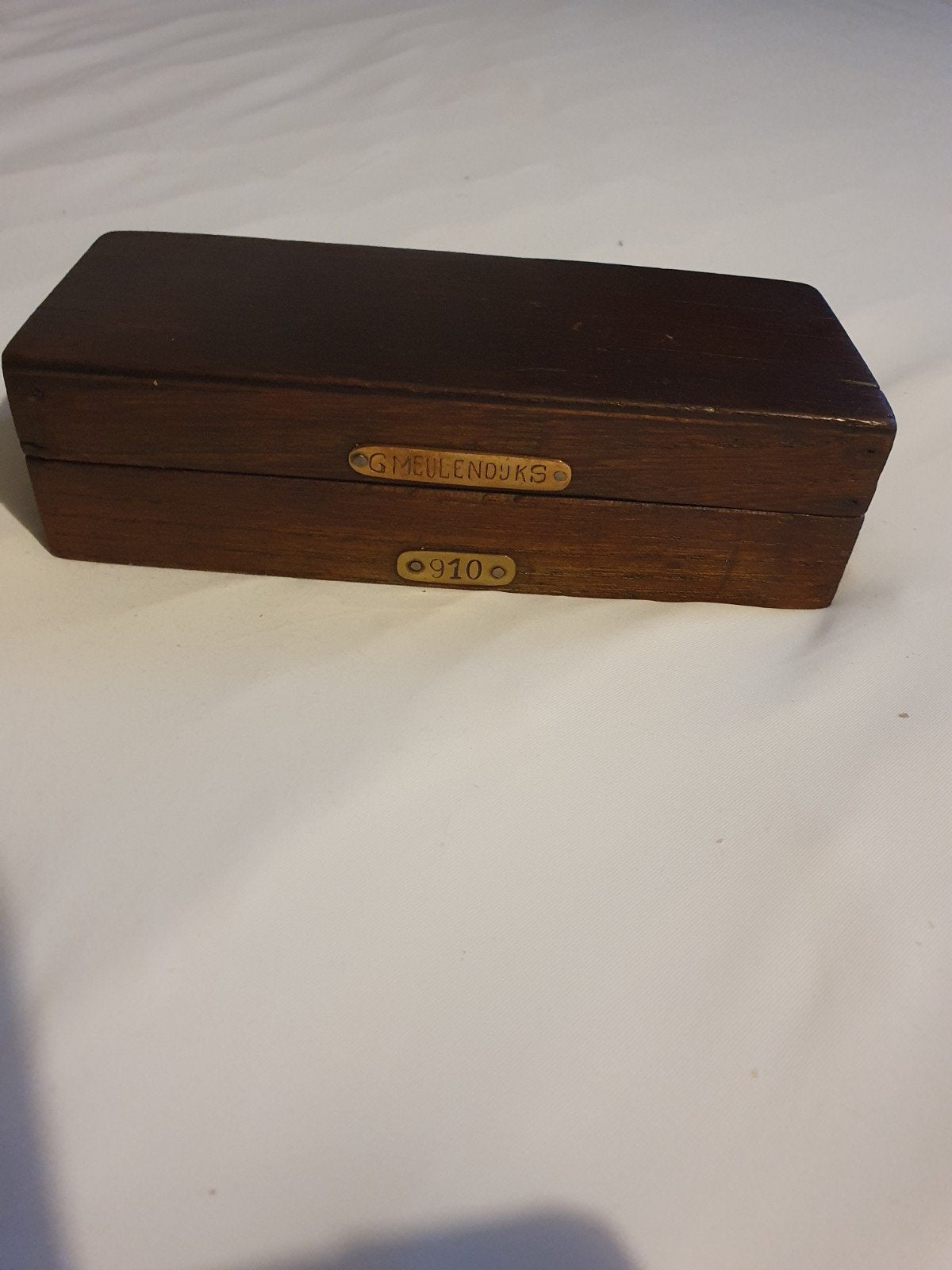 Antieke slijpsteen in houten kistje - G. Meulendijks, Ophalen of Verzenden