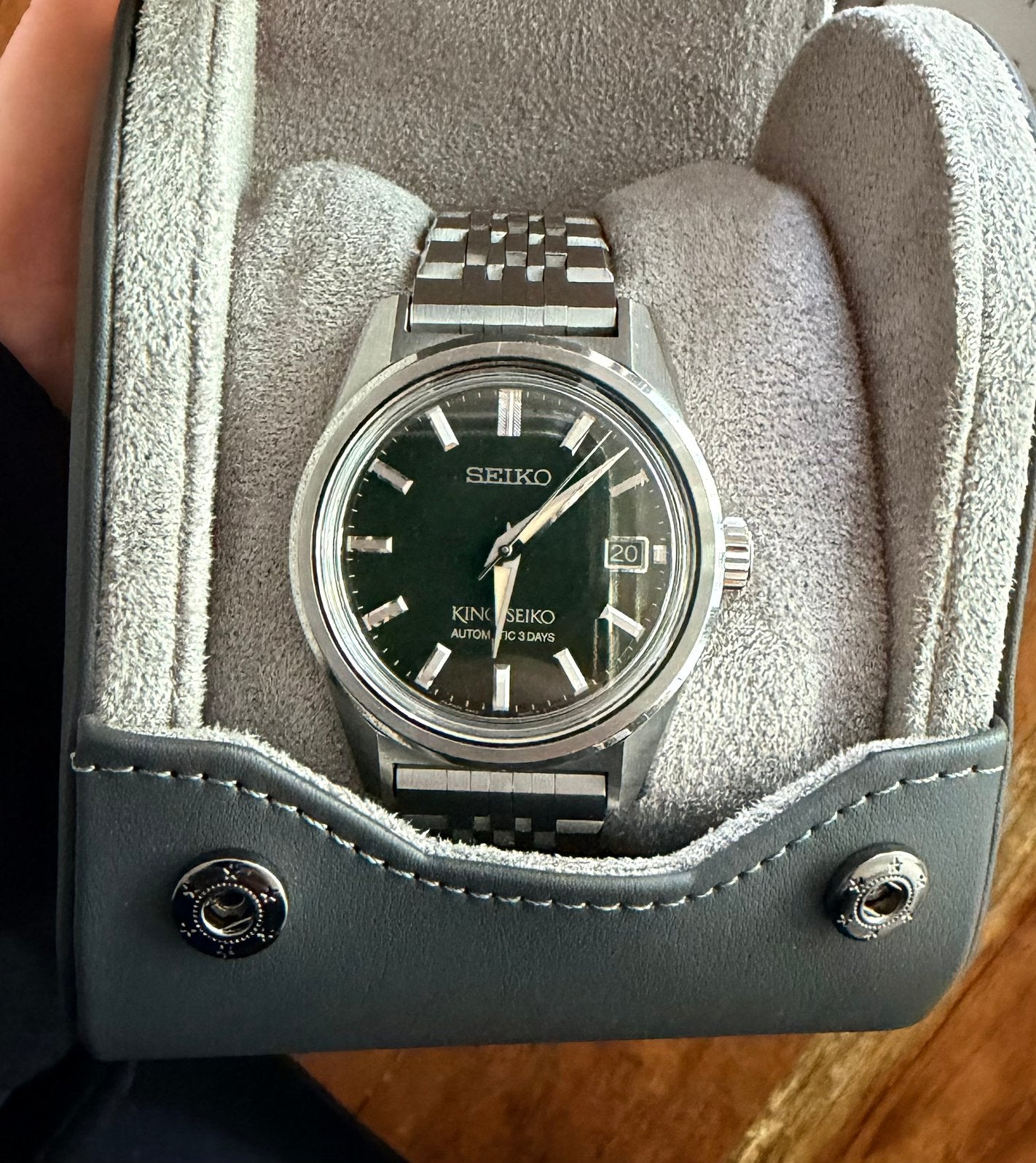 King Seiko SDKS025 - Automatic 3 days -  Groen - full set, Sieraden, Tassen en Uiterlijk, Horloges | Antiek, Ophalen, Staal, Seiko