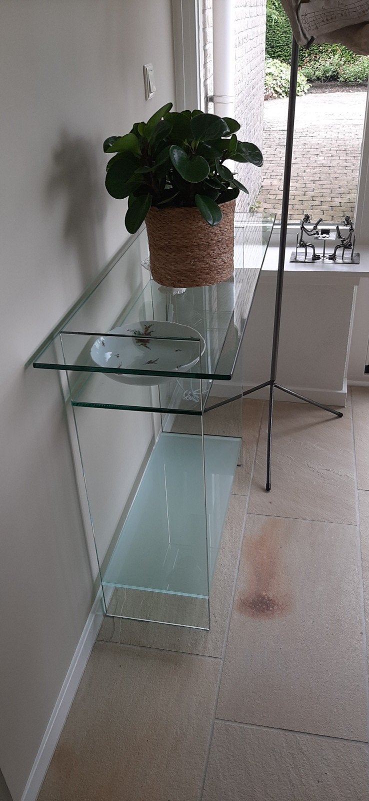 Glazen sidetable / consoletafel met 2 planken, Huis en Inrichting, Gebruikt, Ophalen of Verzenden, Glas, 60 cm of meer