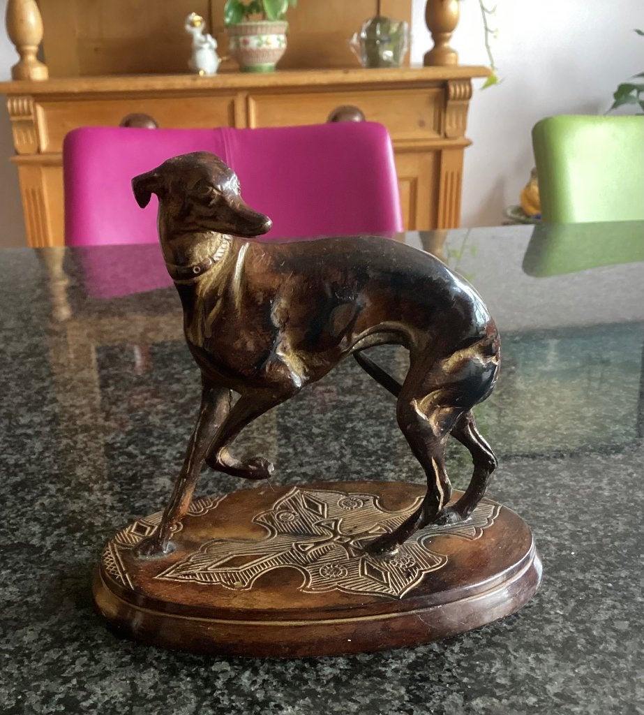 Bronzen beeld, hond, Whippet, vintage, Ophalen, Metaal, Beeld, Zoogdier