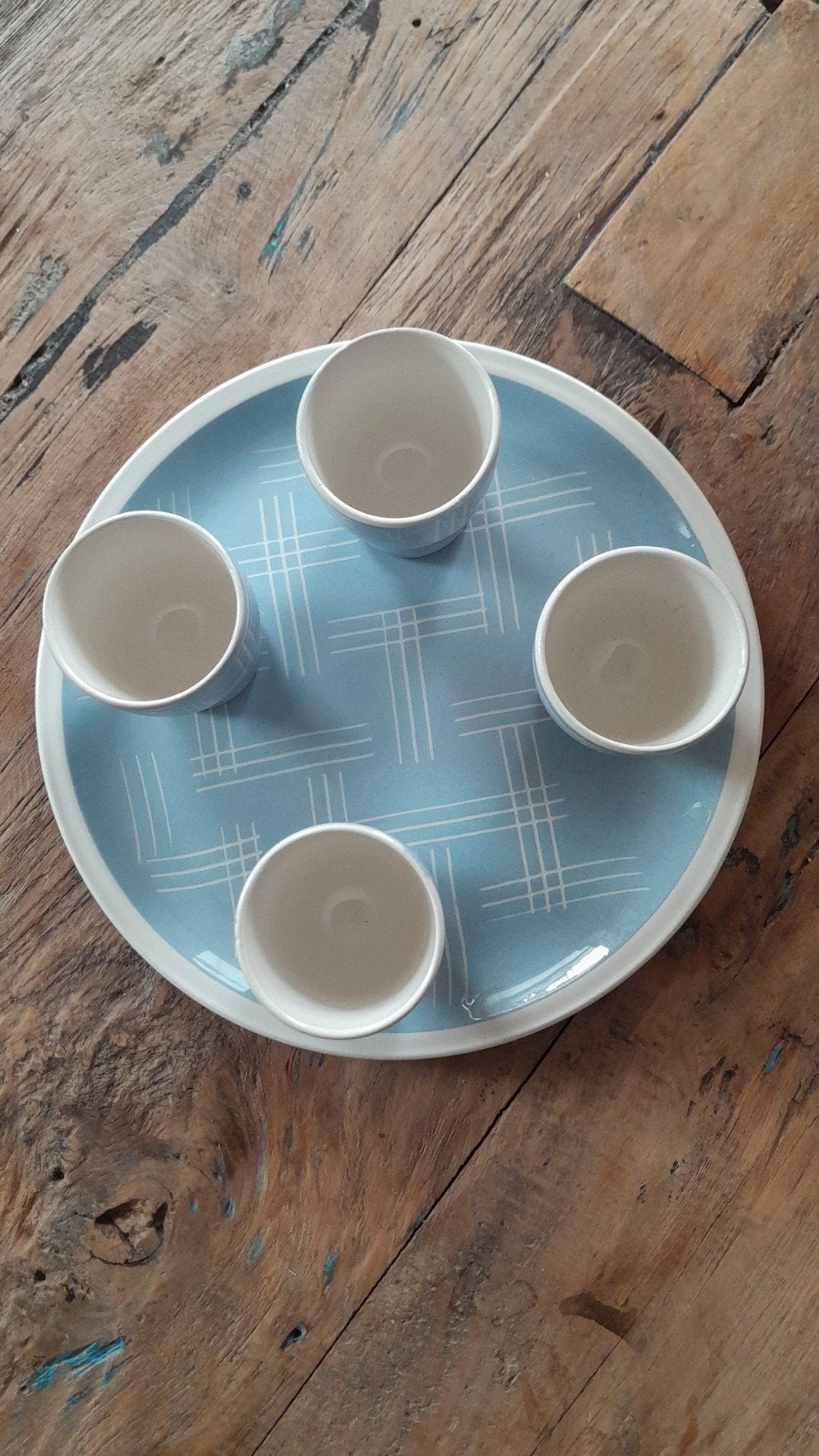 Vintage eierdopjes-set in pastel-blauw, Antiek en Kunst, Ophalen of Verzenden