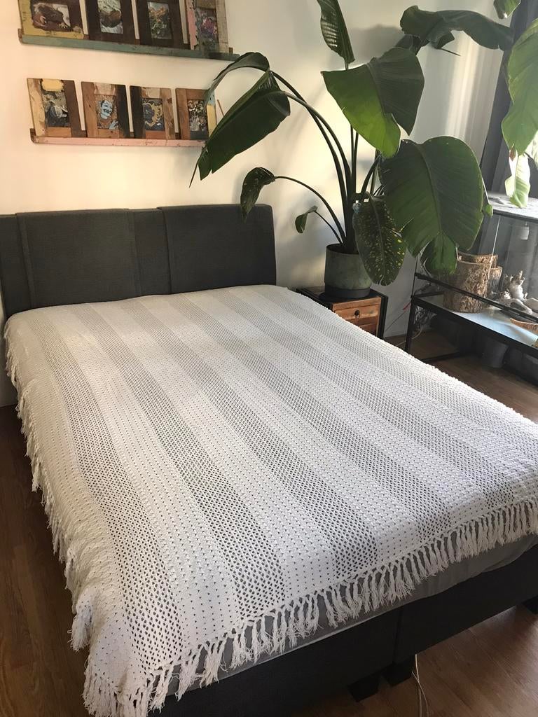 Mooi boho hippie creme katoen franjes kleed bed sprei plaid, Verzenden, Gebruikt