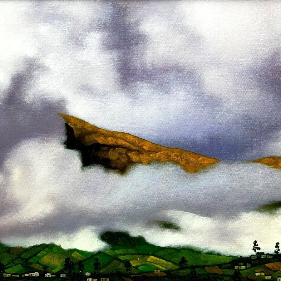 Europese School: dorpje in berglandschap grote wolkenpartij, Ophalen of Verzenden