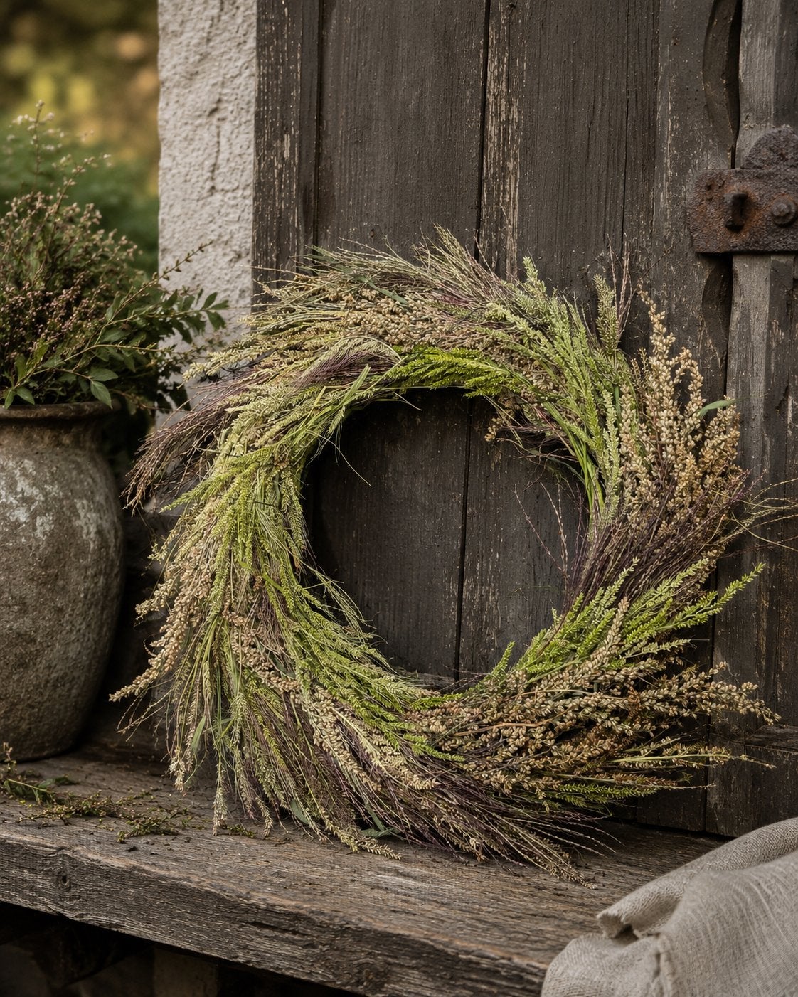 Krans 40 cm gedroogde grassen paars/rood en groen, Huis en Inrichting, Ophalen of Verzenden, Nieuw, Krans, Natuurlijk materiaal