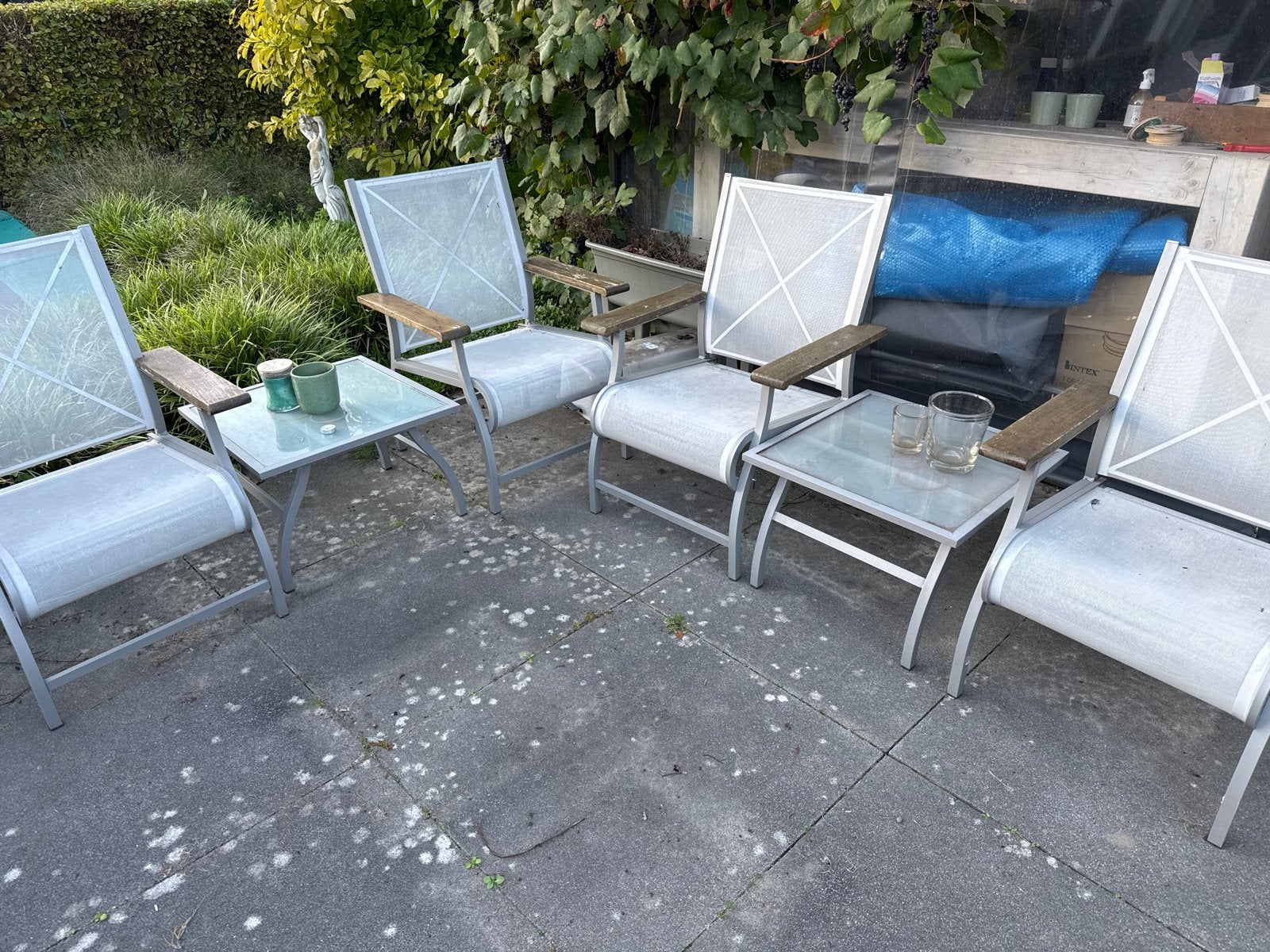 Tuinset met 4 stoelen en 2 bijzettafels, Tuin en Terras, 4 zitplaatsen, Gebruikt, Bijzettafel, Aluminium