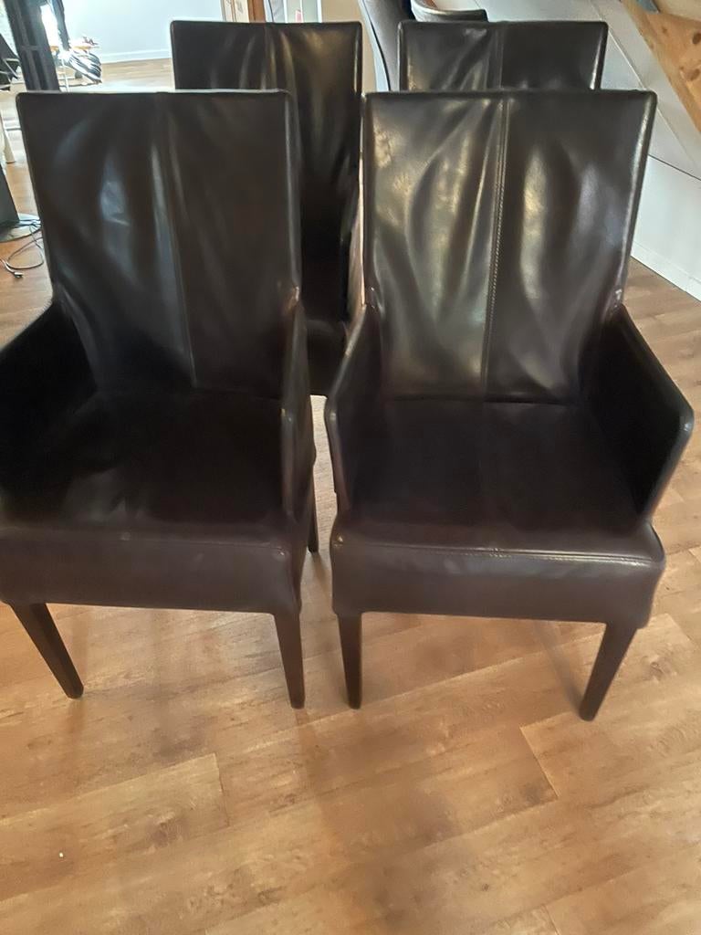 6x bruine lederen eetkamer stoelen, Ophalen, Zo goed als nieuw, Bruin, Vijf, Zes of meer stoelen