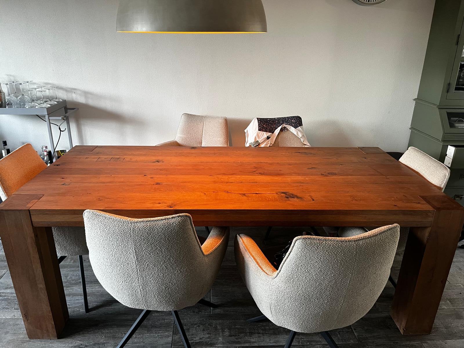 Robuuste massief houten eettafel – industriële/landelijke, Ophalen, 200 cm of meer, 50 tot 100 cm, Zo goed als nieuw