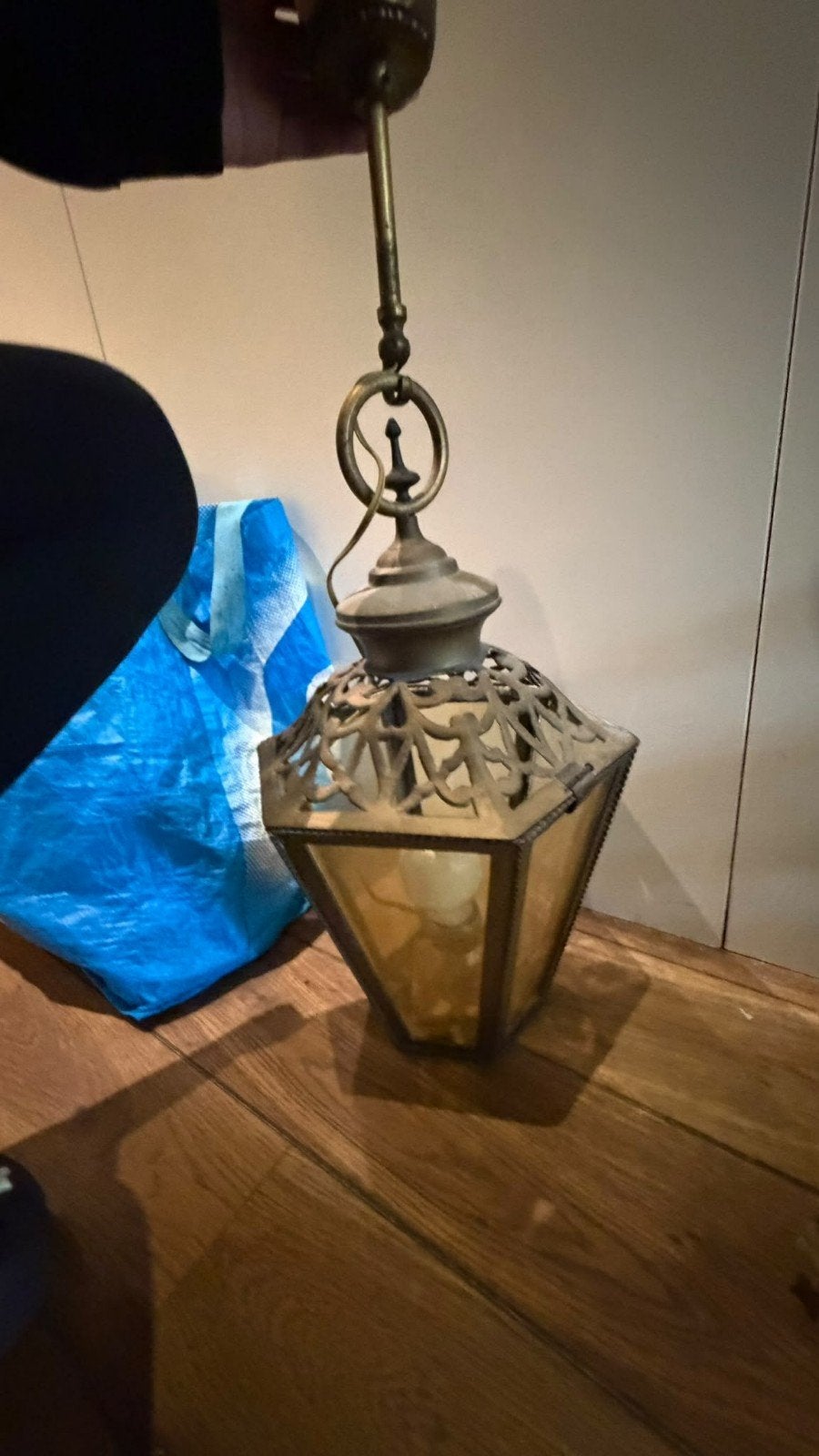 Antieke Koperen Hallantaarn / Hanglamp met Amber Glas, Ophalen