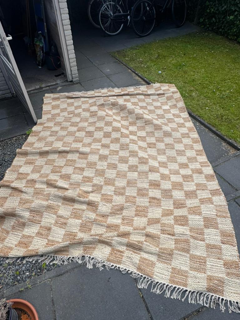 Juten vloerkleed geblokt, Ophalen of Verzenden, Zo goed als nieuw, Rechthoekig, 200 cm of meer