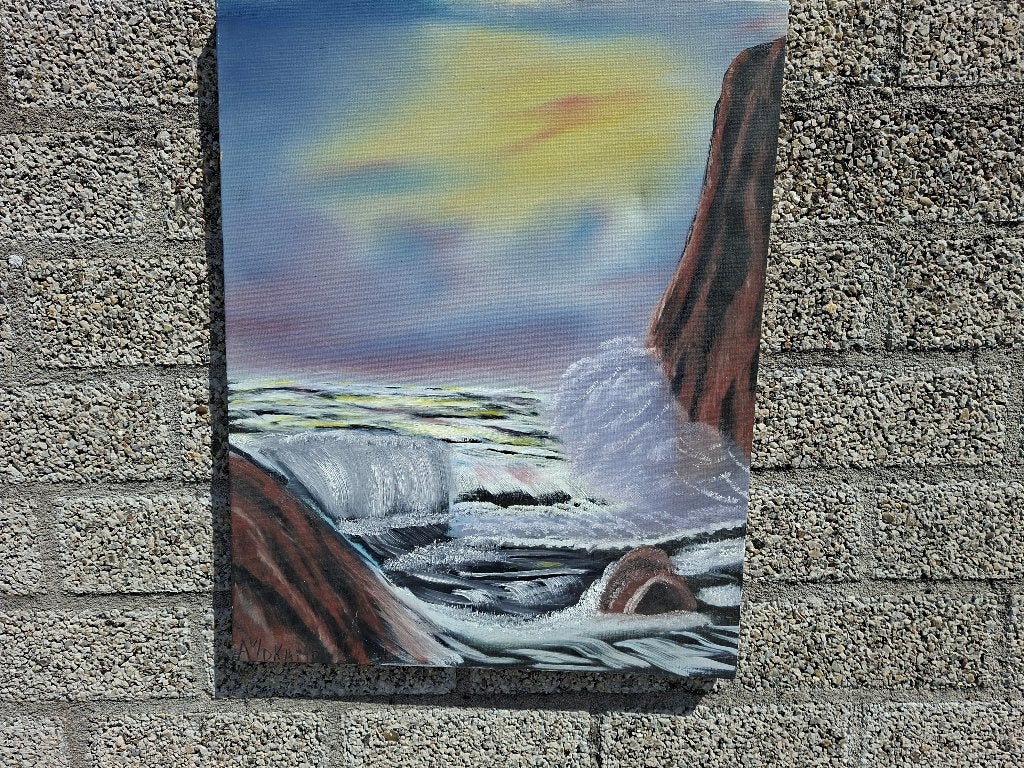 mooi handgeschilderde schilderij met waterval a v/d kamp, Huis en Inrichting, Ophalen of Verzenden, Zo goed als nieuw, Gesigneerd