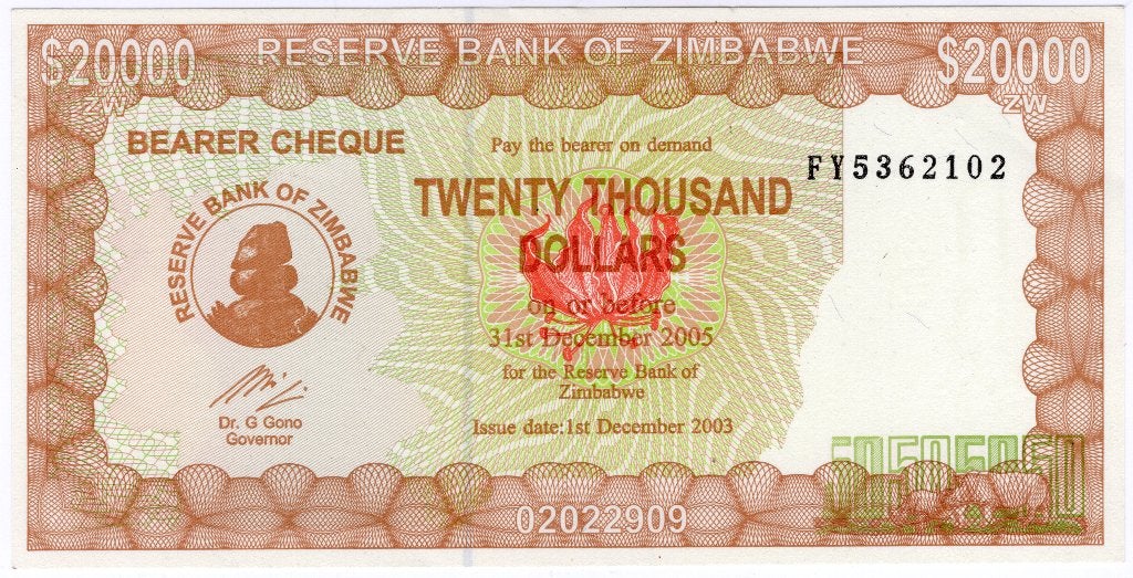 Zimbabwe 20.000 Dollar bearer cheque unc 2003, Verzenden, Zimbabwe