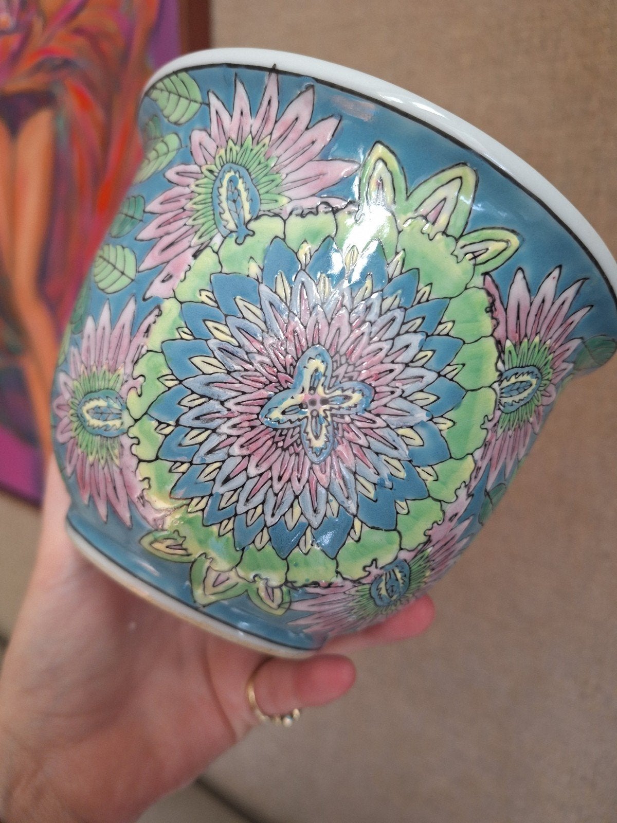Vintage bloempot met schotel, bloemmotief, Ophalen of Verzenden