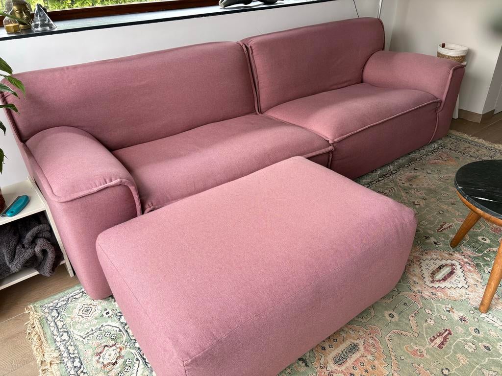 Roze stoffen bank met hocker - Goossens, Ophalen, Gebruikt, 125 cm of meer, 75 tot 100 cm
