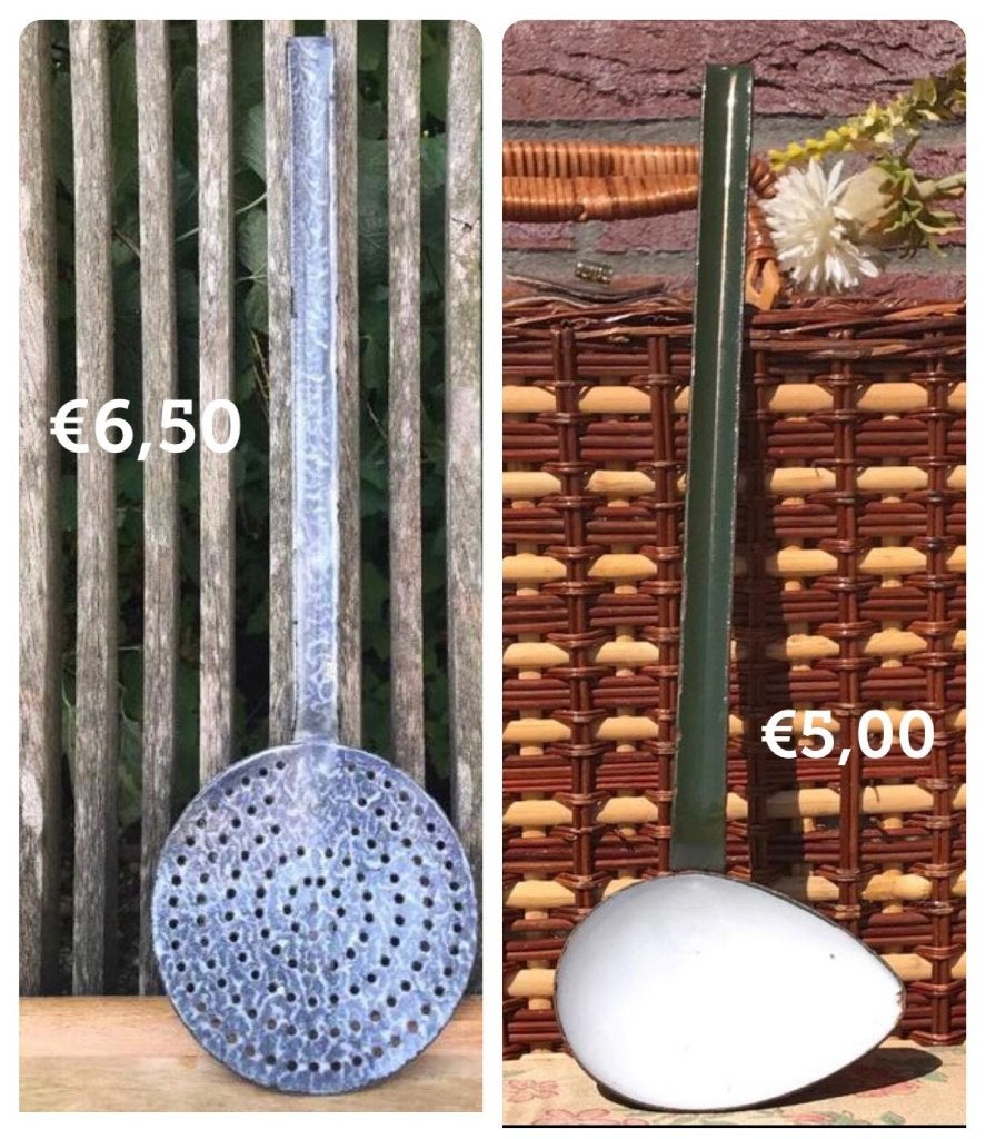 Schuimspaan Grijs gewolkt en saus- jus lepel Groen emaille, Ophalen of Verzenden