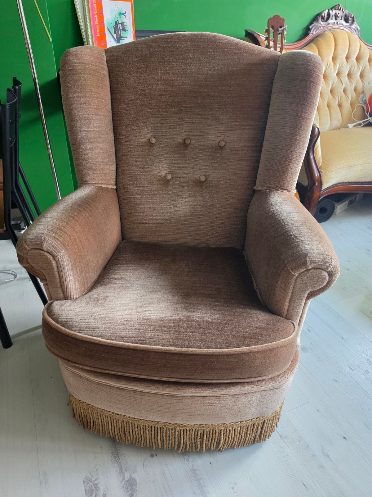 Vintage fauteuil met franjes - Bruin, Ophalen, Gebruikt, Vintage, Klassiek, Retro, 75 tot 100 cm
