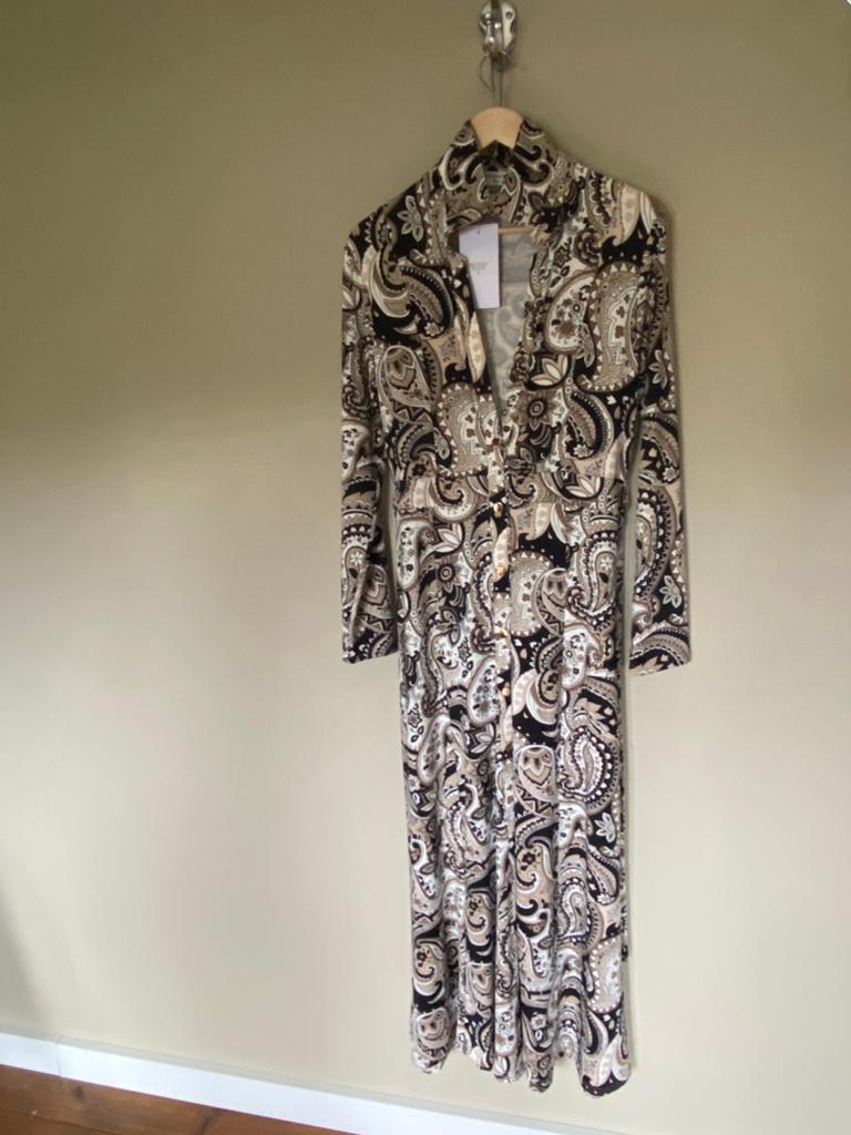 Travelstof blouse jurk, nieuw L (=M), Ophalen of Verzenden, Zo goed als nieuw, Bruin, Onder de knie
