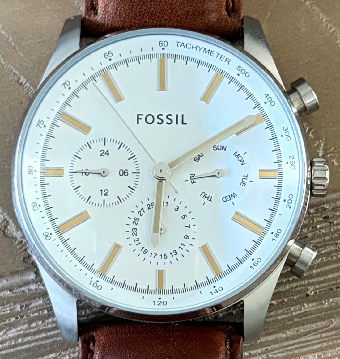 Fossil Herenhorloge met Bruine Leren Band, Overige merken, Leer, Staal, Polshorloge