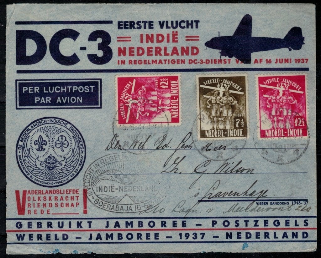 F122 Ned.Indie Jamboree vlucht per Douglas DC 3, Postzegels en Munten, Verzenden, Gestempeld, Nederlands-Indië