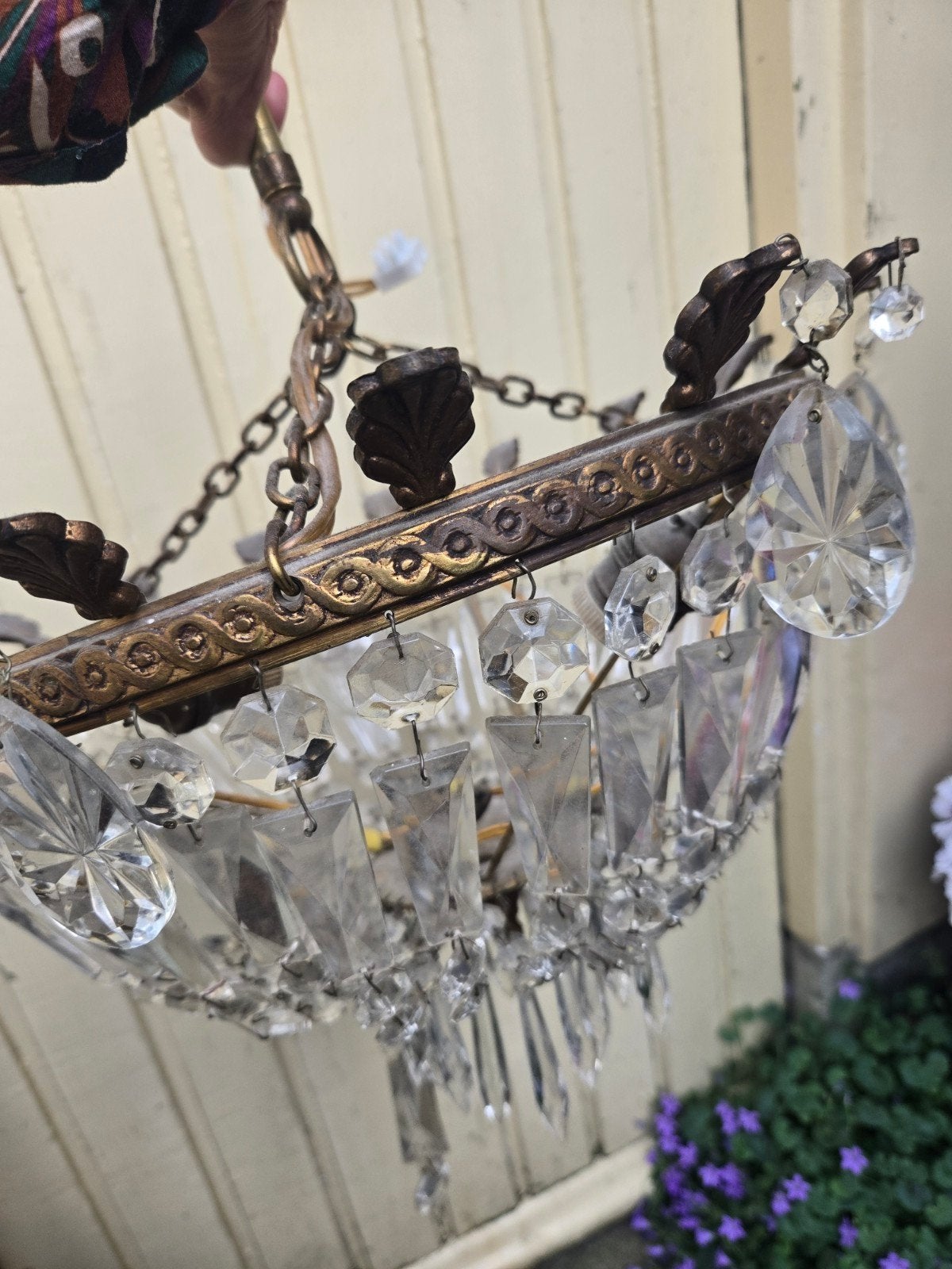 Kristallen plafonnière met charme en patina- upcycle/DIY, Ophalen, Gebruikt, Metaal