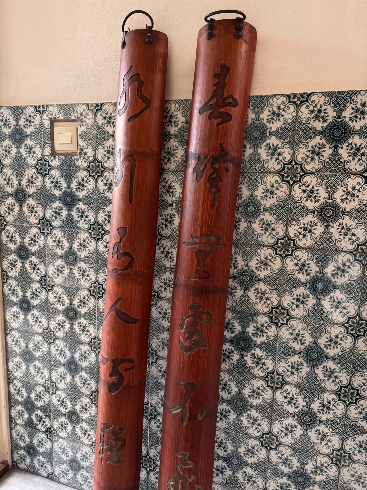 Decoratieve Chinese bamboe panelen met kalligrafie, Ophalen of Verzenden