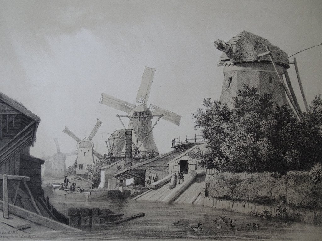 Litho molens een zonder wieken in Zaandam, CJ Billmark, 1852, Antiek en Kunst, Kunst | Litho's en Zeefdrukken, Lithografie, Origineel