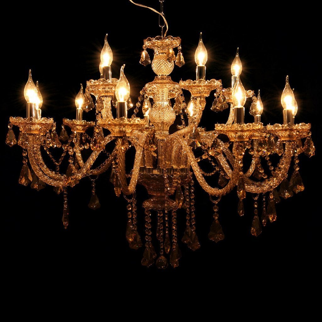 15 Armige Grote Kristallen Kroonluchter 15 Lampen Cognac E14, Ophalen of Verzenden, Nieuw, Glas