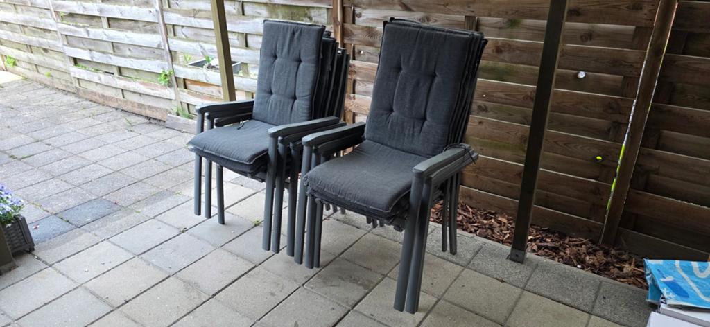 6 stapelbare tuinstoelen met kussens, Tuin en Terras, Tuinstoelen, Ophalen, Gebruikt, Metaal, Stapelbaar