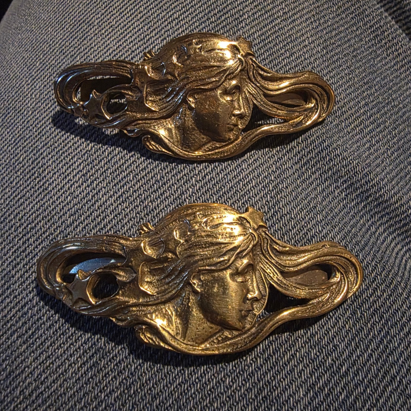 Art Nouveau haarspelden met Vrouwenhoofd, Overige materialen, 4 tot 7 cm, Gebruikt, Ophalen of Verzenden