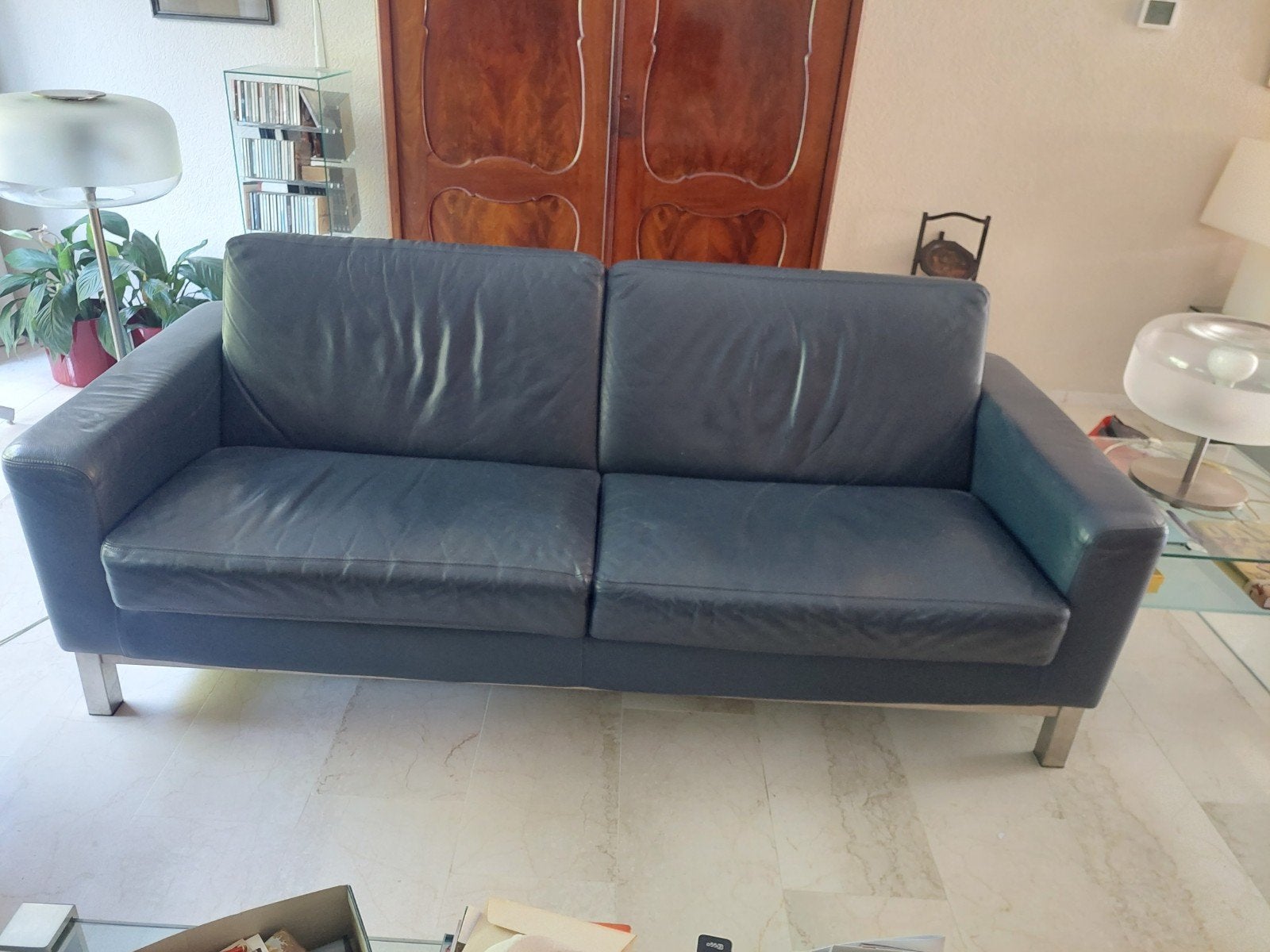 Leren bank blauw 220x100 cm, Ophalen, 75 tot 100 cm, X, X