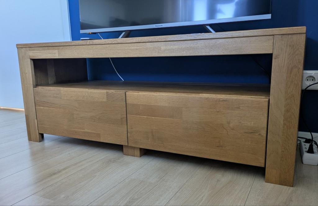 Massief eiken tv-meubel met opbergruimte, Ophalen, 100 tot 150 cm, Eikenhout, Zo goed als nieuw