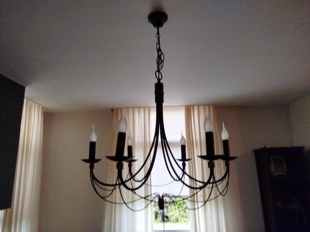 Elegante Zwarte Kroonluchter met 6 Lichtpunten, Ophalen, Gebruikt, Metaal, Klassiek, Landelijk, Industrieel