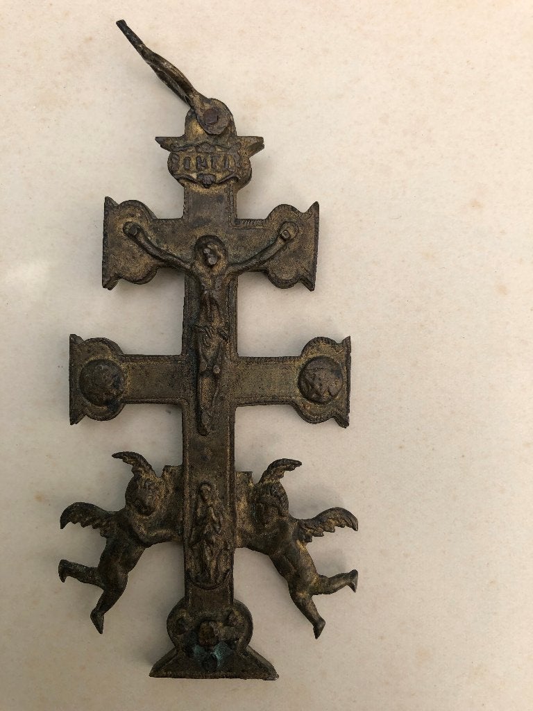 Antiek Bronzen Kruisbeeld met Engelen en Christusfiguur, Antiek en Kunst, Ophalen of Verzenden
