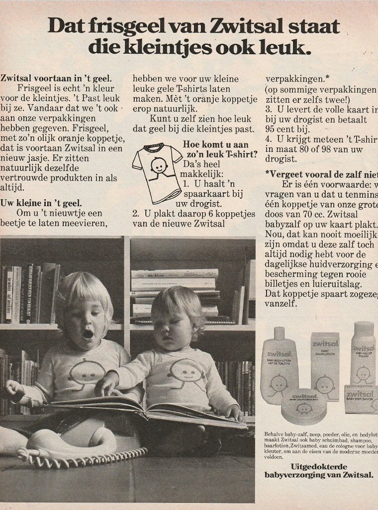 Retro reclame 1975 Zwitsal baby bodylotion & t-shirt, Verzenden, Overige typen