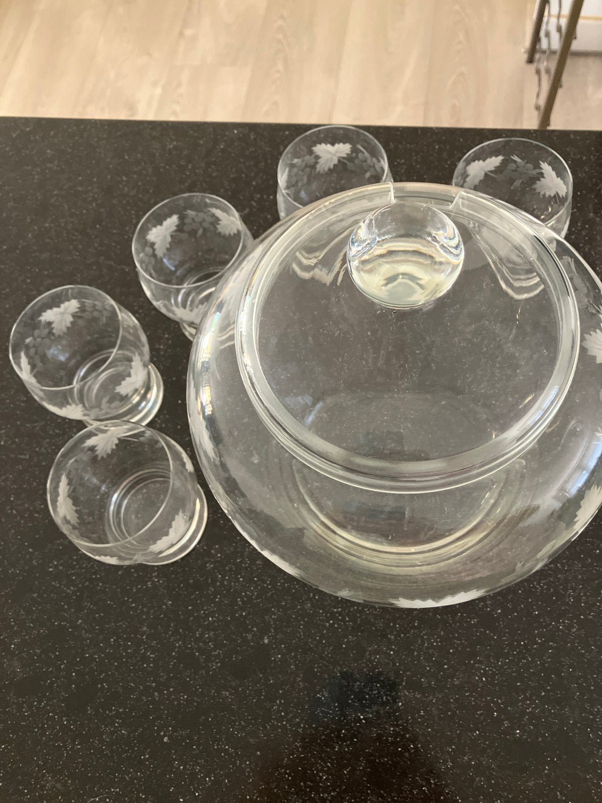 Vintage Glazen Punch Bowl Set met 5 Glazen, Ophalen