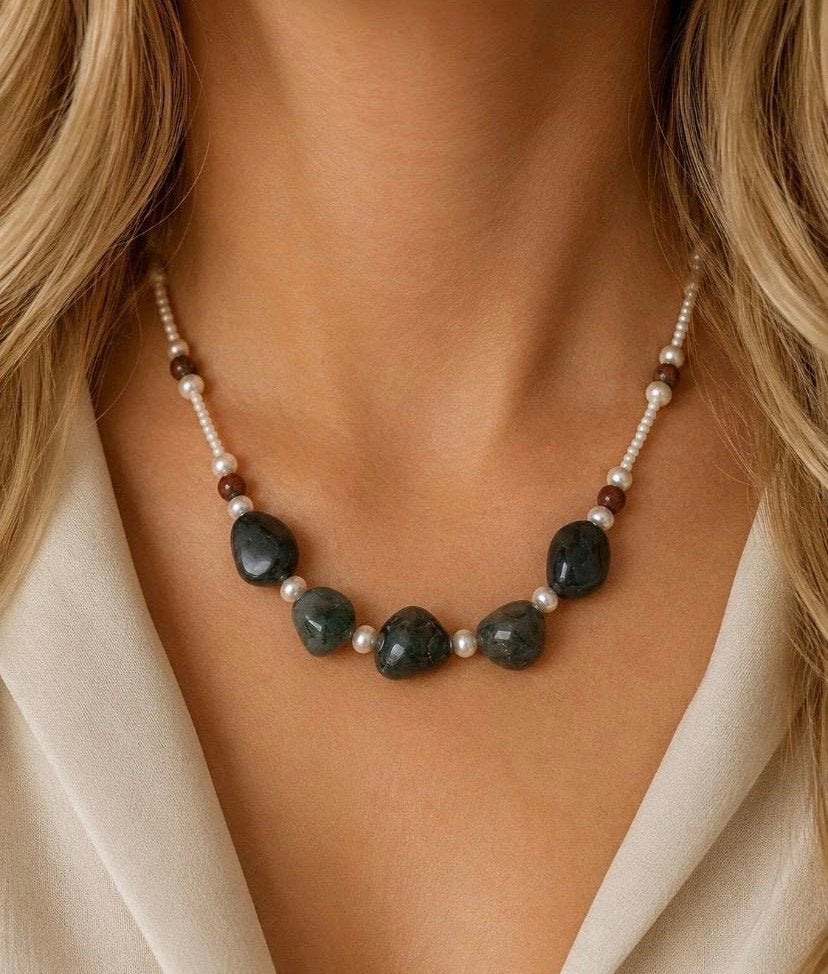 Vintage ketting met mosachaat-stenen & zoetwaterparels, Verstelbaar, Ophalen of Verzenden, Zo goed als nieuw, Steen of Mineraal