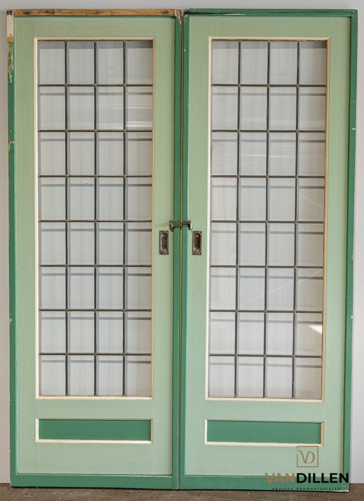 Antieke ensuite/schuifdeuren glas in lood + sluiting, Doe-het-zelf en Verbouw, Deuren en Horren, Gebruikt, 120 cm of meer, Binnendeur
