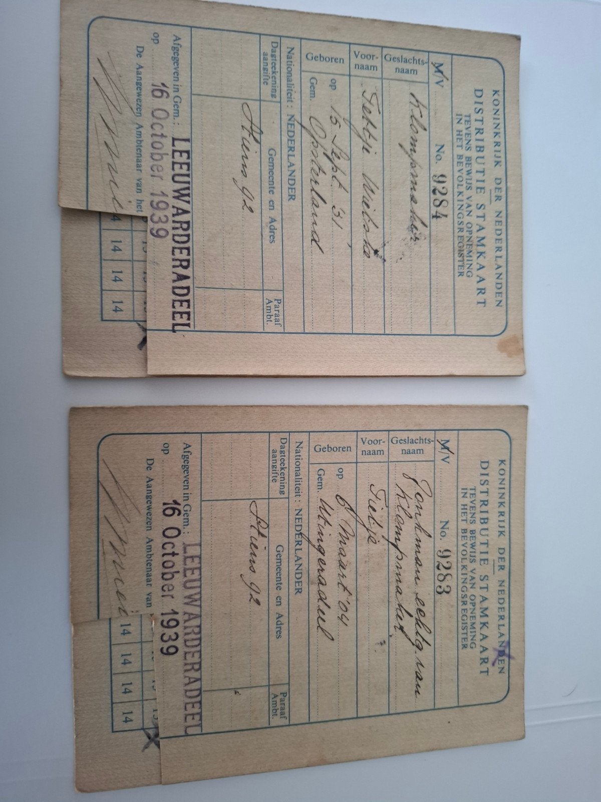 2 Distributie Stamkaarten WOII Leeuwarderadeel 1939, Verzamelen, Verzenden