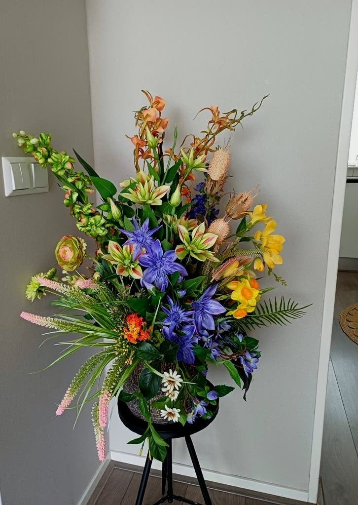 Schitterend kunstbloemstuk in pot - 80 cm, Huis en Inrichting, Woonaccessoires | Kunstplanten en Kunstbloemen, Binnen, Handgemaakt