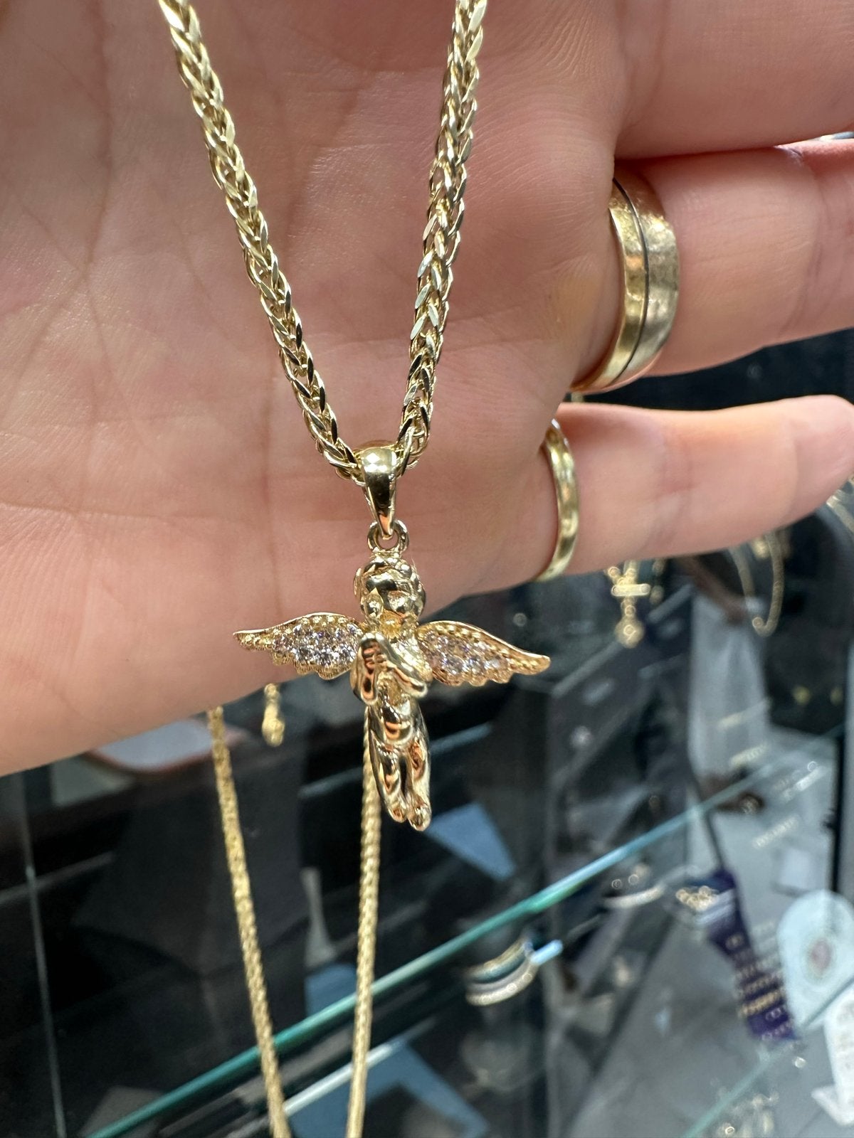 14k Vossenstaart ketting met engeltje unisex 55 cm, Ophalen of Verzenden, Nieuw, Goud, Met hanger