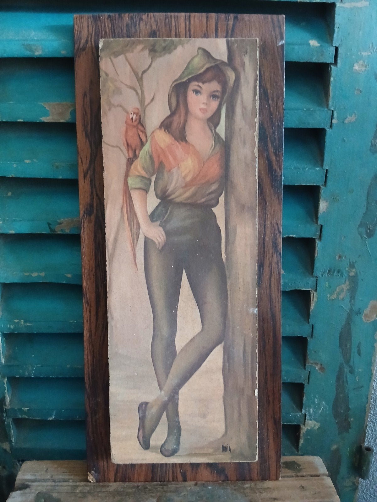 vintage wandafbeelding meisje met papegaai, Antiek en Kunst, Ophalen of Verzenden