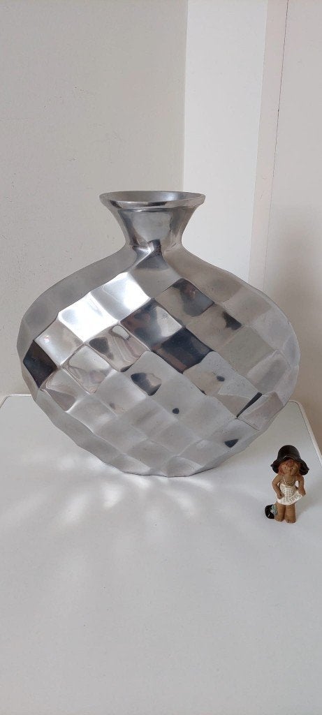 XXL Vintage Design Vaas  '80 Stijl Zilver  Inox Chroom 40cm, Eu, Eu, Ophalen of Verzenden, Zo goed als nieuw